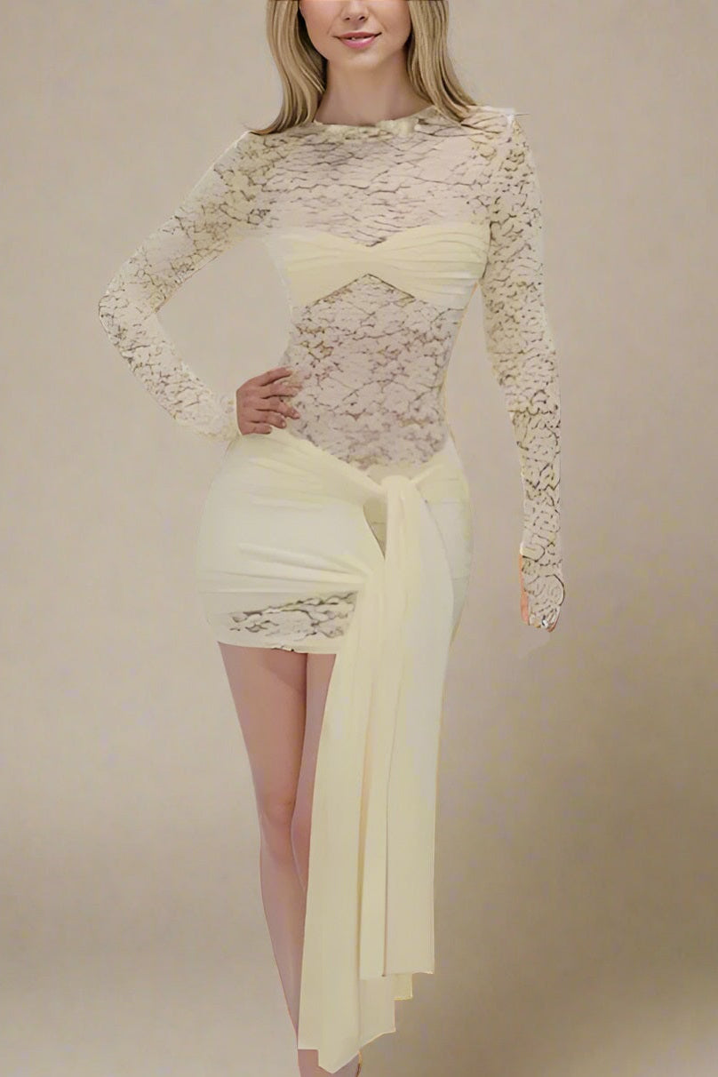 Woman wearing a figure flattering  Vera Long Sleeve Bodycon Wrap Mini Dress - Cream BODYCON COLLECTION