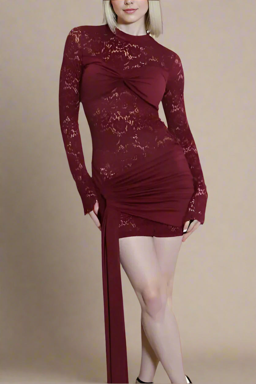 Woman wearing a figure flattering  Vera Long Sleeve Bodycon Wrap Mini Dress - Red Wine BODYCON COLLECTION