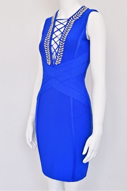Woman wearing a figure flattering  Vivian Bandage Dress - Royal Blue BODYCON COLLECTION Pty Ltd
