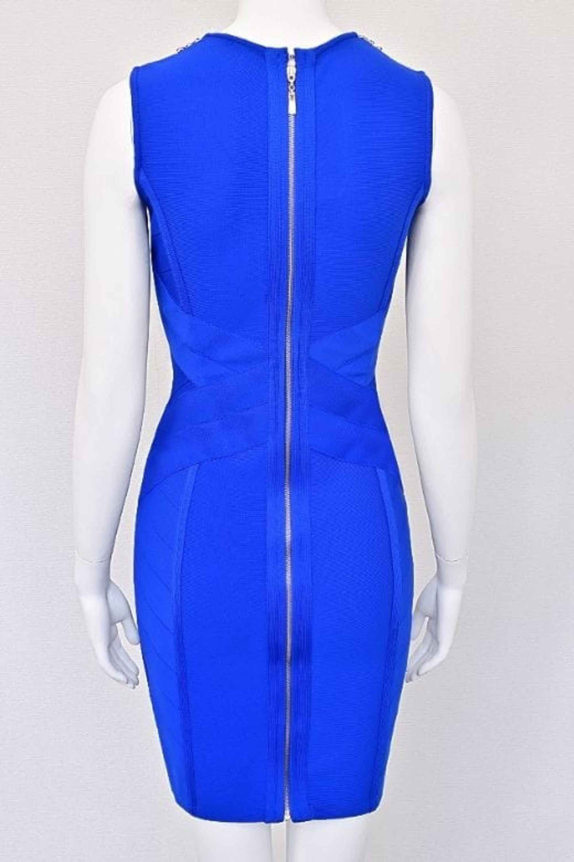 Woman wearing a figure flattering  Vivian Bandage Dress - Royal Blue BODYCON COLLECTION Pty Ltd