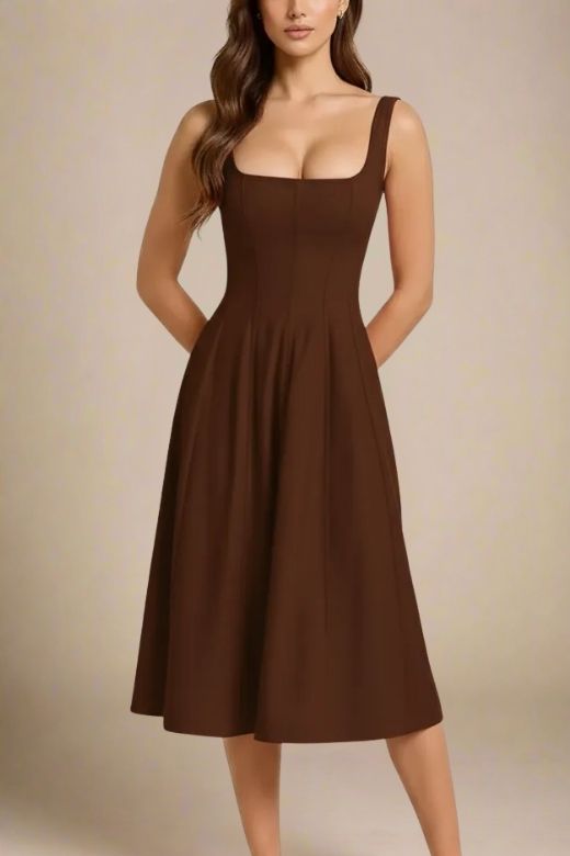 Woman wearing a figure flattering  Willa Midi Dress - Chocolate Brown BODYCON COLLECTION Pty Ltd