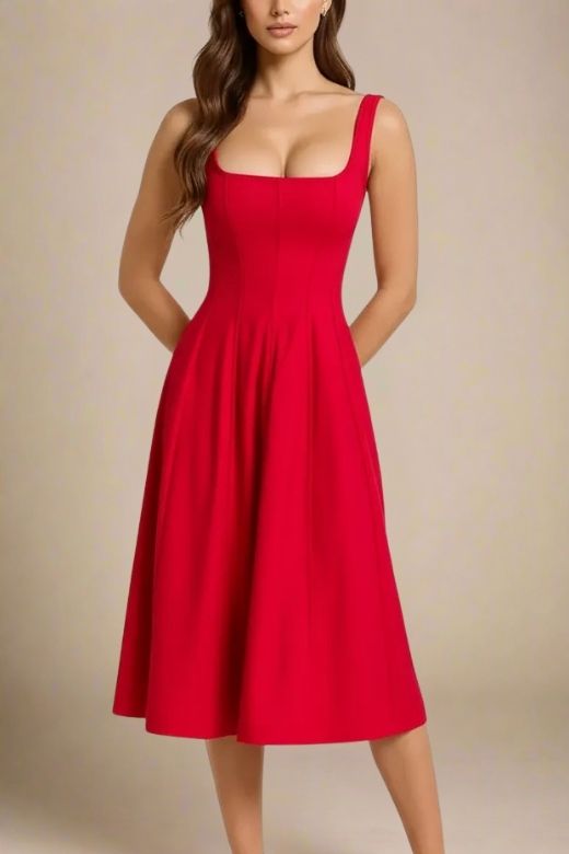 Woman wearing a figure flattering  Willa Midi Dress - Lipstick Red BODYCON COLLECTION Pty Ltd