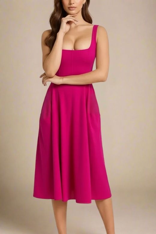 Woman wearing a figure flattering  Willa Midi Dress - Magenta Pink BODYCON COLLECTION Pty Ltd