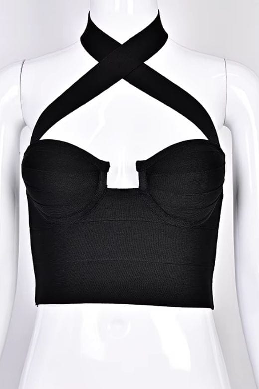 Woman wearing a figure flattering  Willow Bandage Crop Top - Classic Black BODYCON COLLECTION Pty Ltd