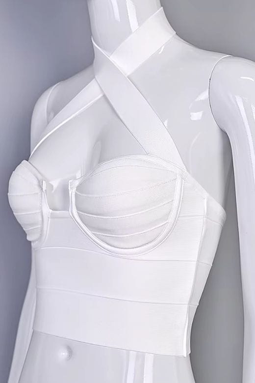 Woman wearing a figure flattering  Willow Bandage Crop Top - White Pearl BODYCON COLLECTION Pty Ltd