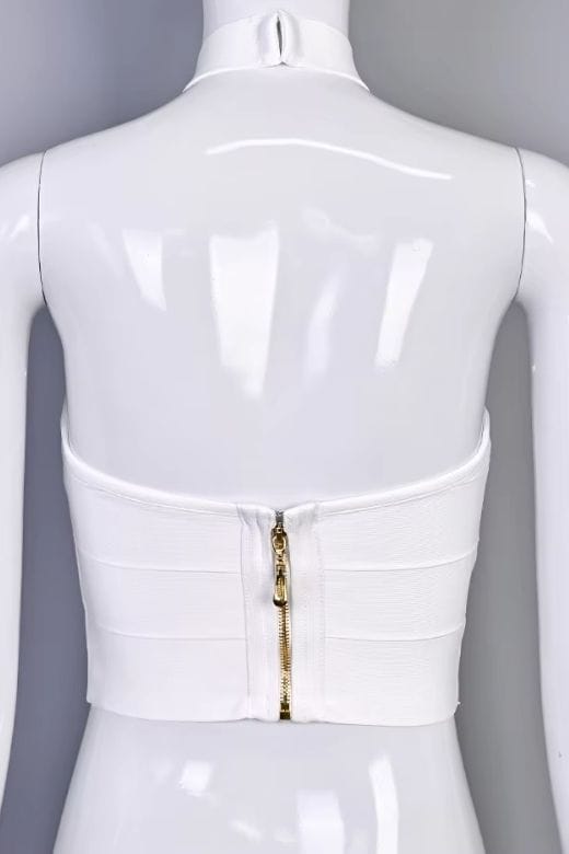 Woman wearing a figure flattering  Willow Bandage Crop Top - White Pearl BODYCON COLLECTION Pty Ltd