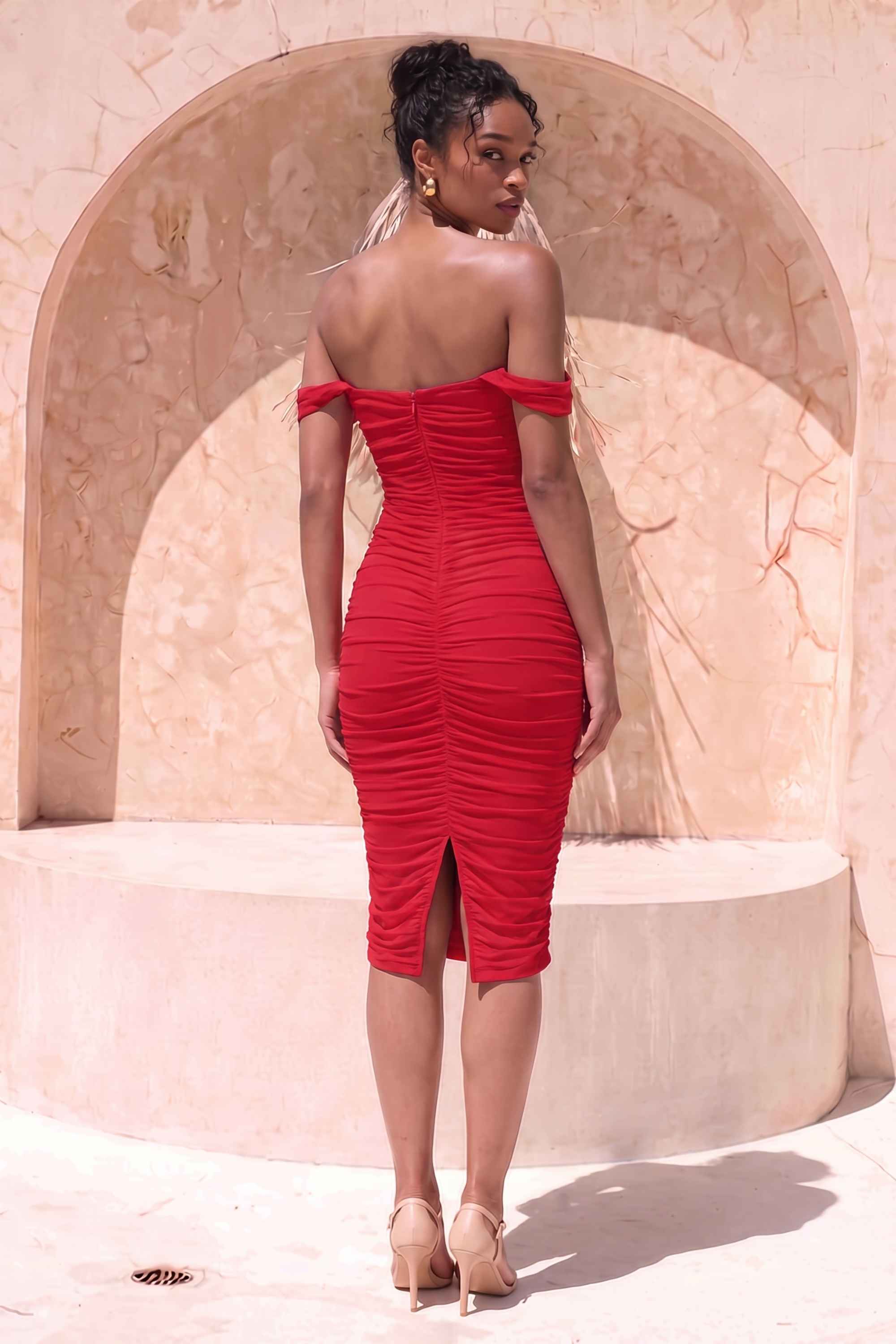 Woman wearing a figure flattering  Zia Bodycon Wrap Dress - Red Wine Bodycon Collection