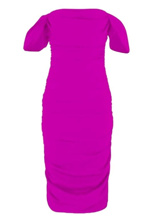 Woman wearing a figure flattering  Zia Bodycon Wrap Midi Dress - Magenta Pink Bodycon Collection