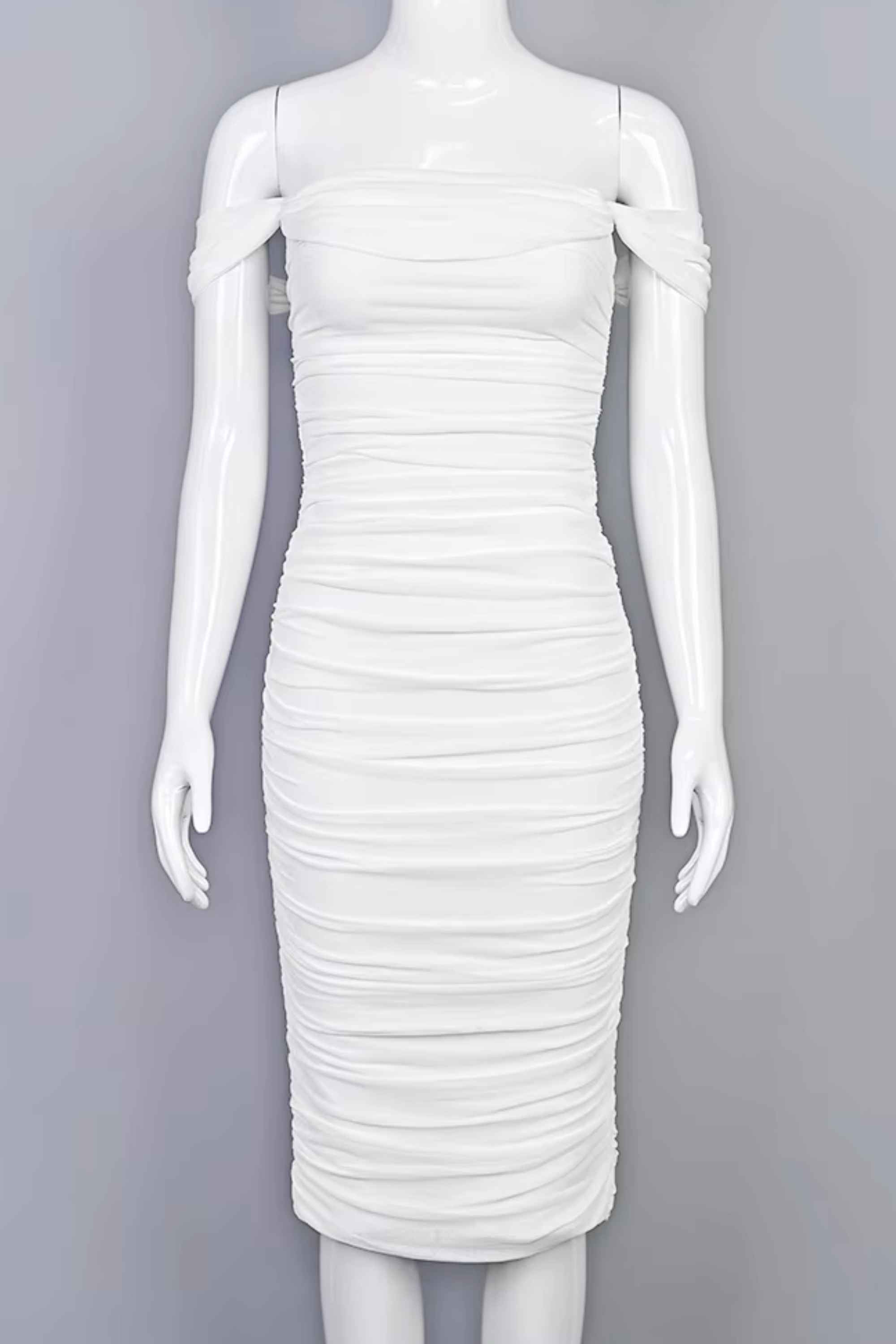 Woman wearing a figure flattering  Zia Bodycon Wrap Midi Dress - Pearl White Bodycon Collection
