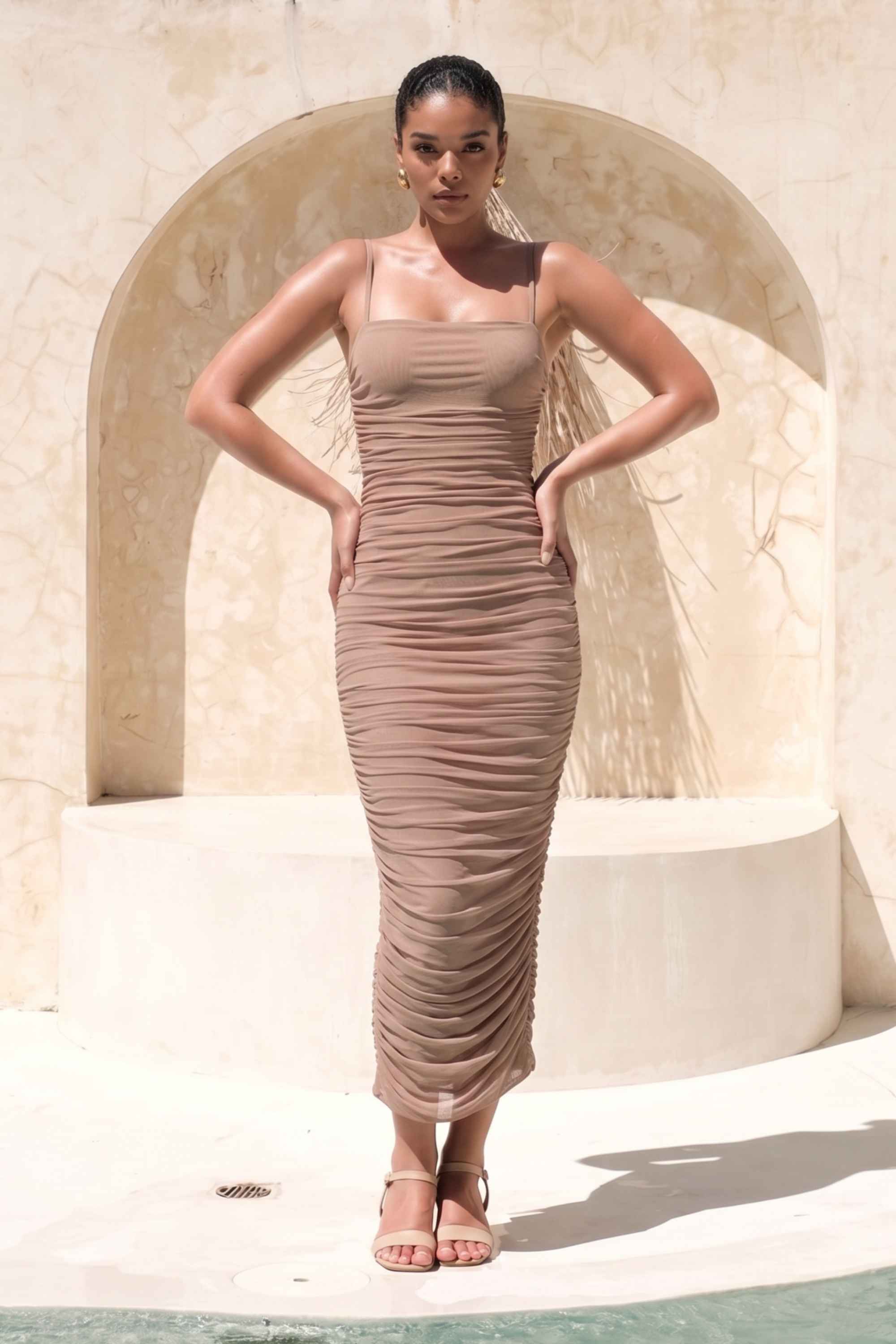 Woman wearing a figure flattering  Zoe Bodycon Wrap Maxi Dress - Tan Brown Bodycon Collection
