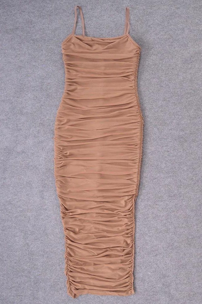 Woman wearing a figure flattering  Zoe Bodycon Wrap Maxi Dress - Tan Brown Bodycon Collection