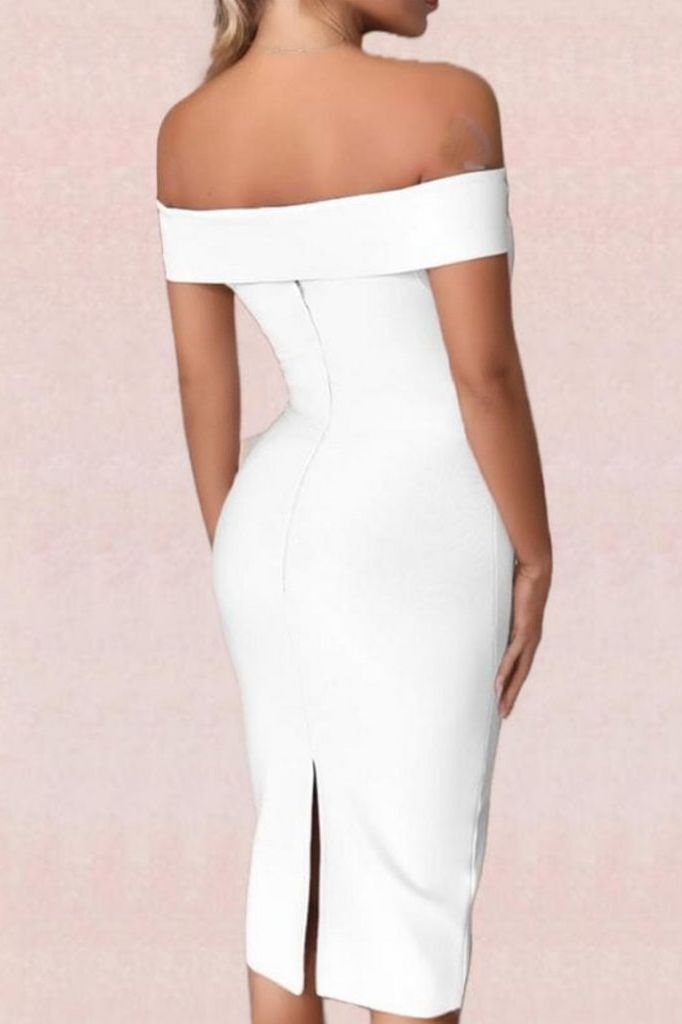 Woman wearing a figure flattering  Zoey Bandage Dress - Pearl White BODYCON COLLECTION