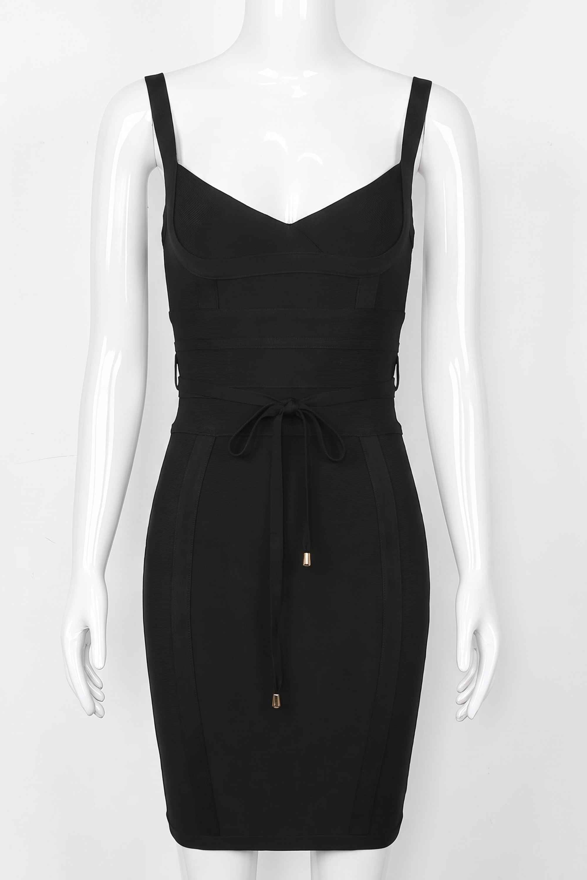 Woman wearing a figure flattering  Bek Bandage Dress - Classic Black Bodycon Collection